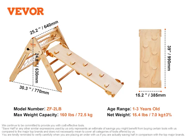 VEVOR pikler triangle for toddlers aged 1-3 years, max weight 160 lbs, includes slide attachment.