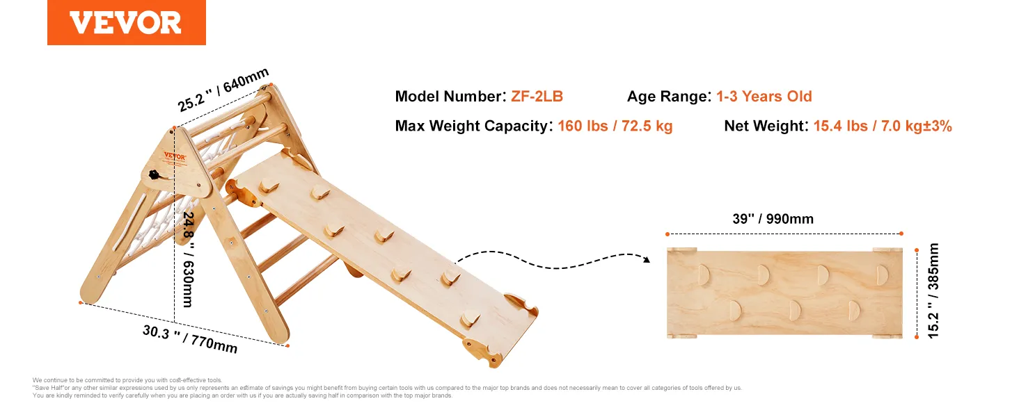 VEVOR pikler triangle for toddlers aged 1-3 years, max weight 160 lbs, includes slide attachment.