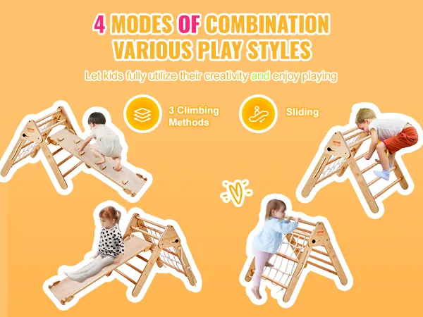 VEVOR pikler triangle showcasing 4 modes of combination and various play styles for kids.