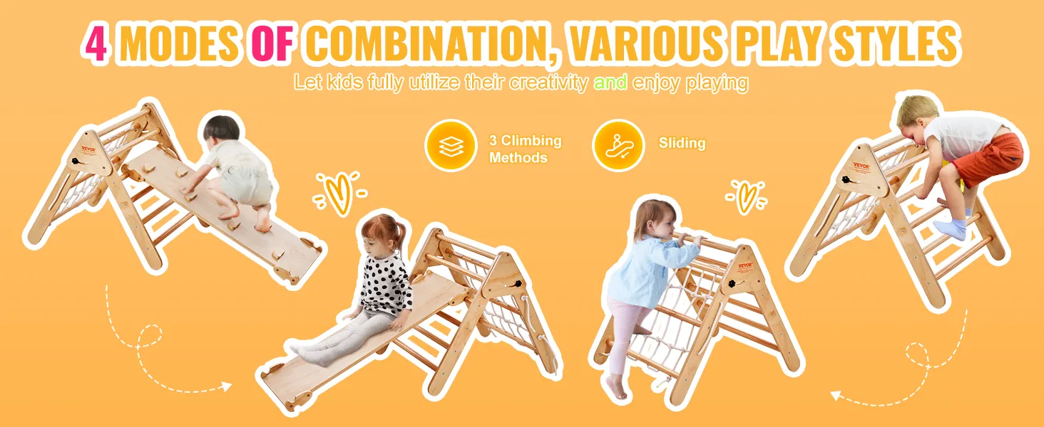 VEVOR pikler triangle showcasing 4 modes of combination and various play styles for kids.