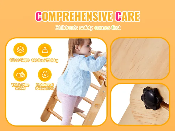 child climbing VEVOR pikler triangle with safety features: close gaps, 160 lbs capacity, thick pine wood.