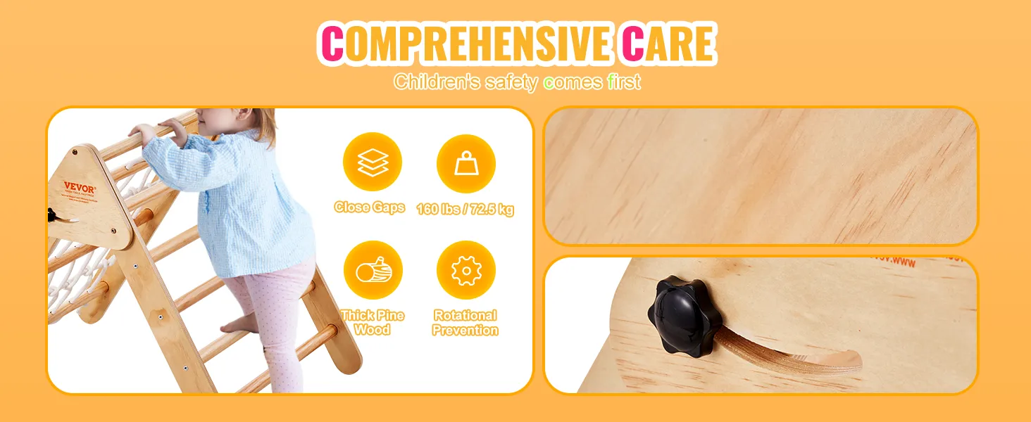 child climbing VEVOR pikler triangle with safety features: close gaps, 160 lbs capacity, thick pine wood.