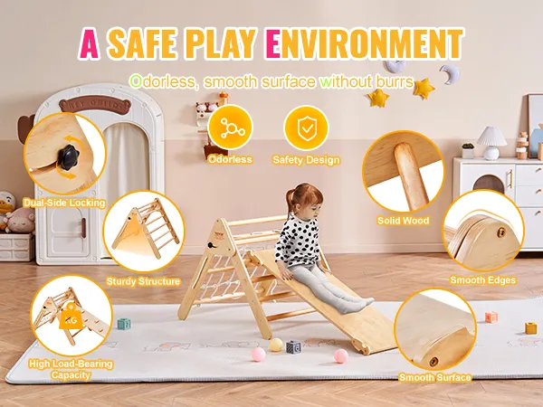 VEVOR pikler triangle with dual-side locking, sturdy solid wood structure, smooth edges, and high load-bearing capacity.