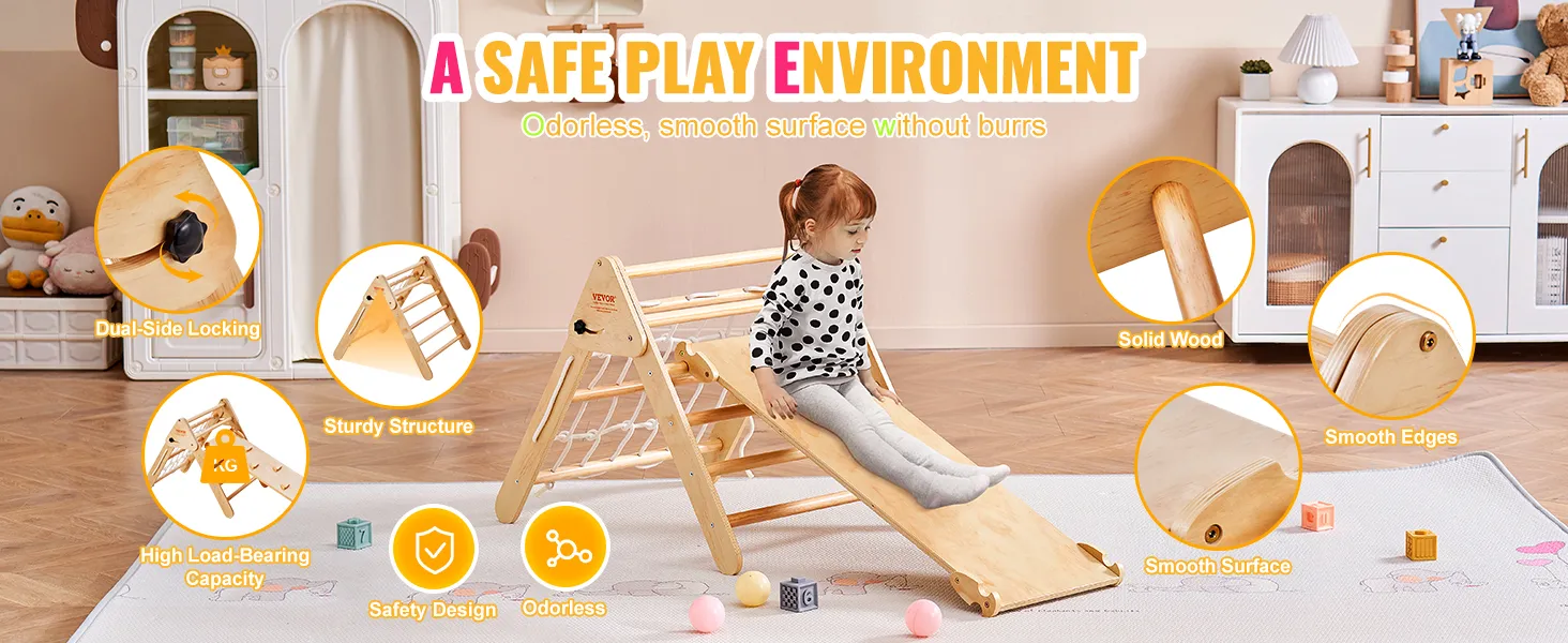 VEVOR pikler triangle with dual-side locking, sturdy solid wood structure, smooth edges, and high load-bearing capacity.