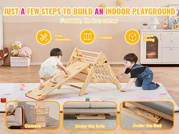 VEVOR pikler triangle indoor playground; foldable, easy assembly, space-saving for under bed/couch storage.