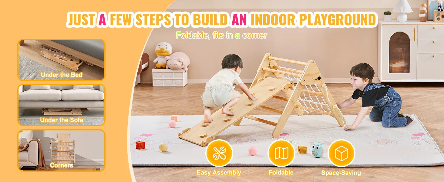 VEVOR pikler triangle indoor playground; foldable, easy assembly, space-saving for under bed/couch storage.