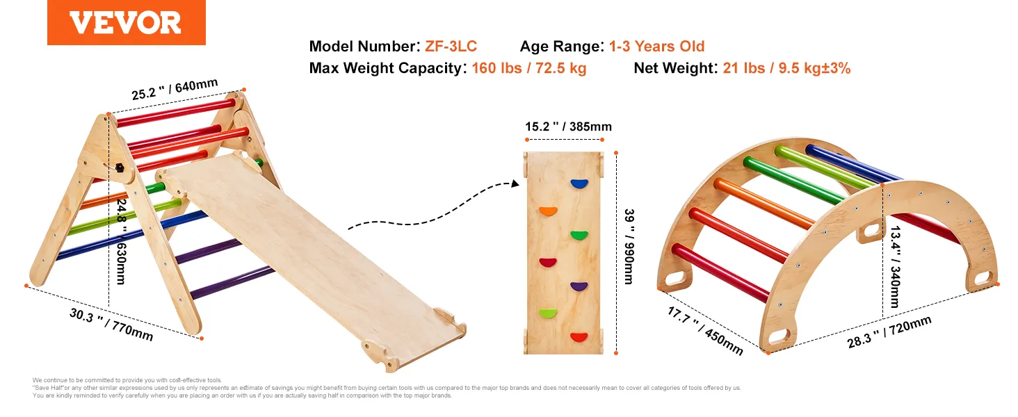 VEVOR pikler triangle set with rainbow bars, slide, and climbing wall for toddlers aged 1-3 years.