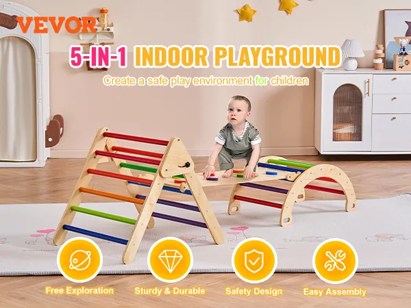 VEVOR pikler triangle set 5-in-1 indoor playground with rainbow steps, kid playing and colorful toys.