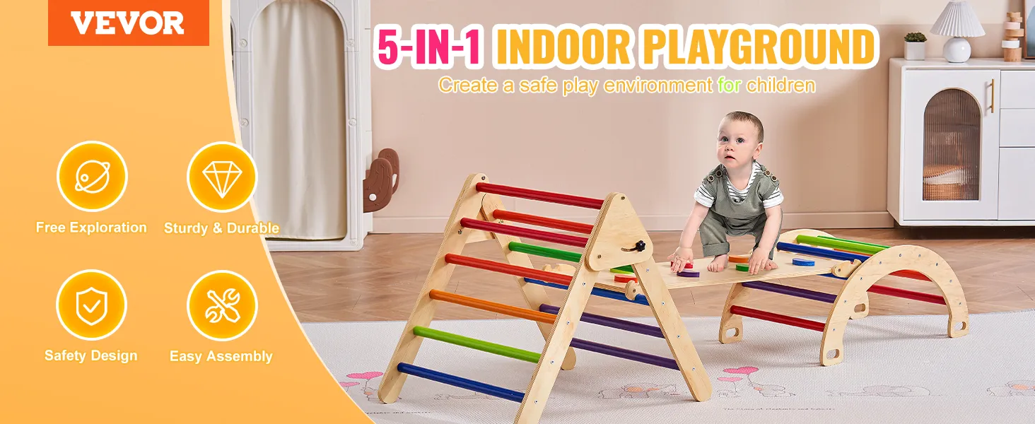 VEVOR pikler triangle set 5-in-1 indoor playground with rainbow steps, kid playing and colorful toys.