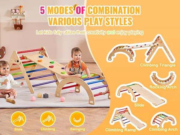 kids playing with the VEVOR pikler triangle set showcasing slide, climbing arch, and rocking arch features.