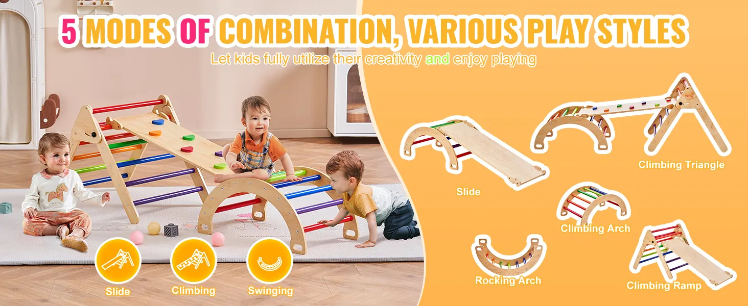 kids playing with the VEVOR pikler triangle set showcasing slide, climbing arch, and rocking arch features.