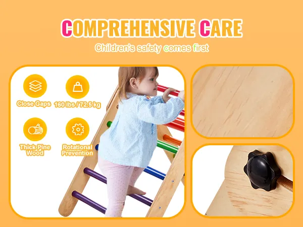 VEVOR pikler triangle set with close gaps, thick pine wood, and 160 lbs capacity for children's safety.