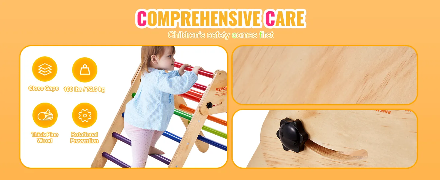 VEVOR pikler triangle set with close gaps, thick pine wood, and 160 lbs capacity for children's safety.