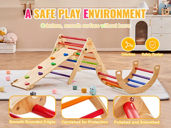 VEVOR pikler triangle set, with colorful rungs, smooth edges, and polished varnished wood for safe play.
