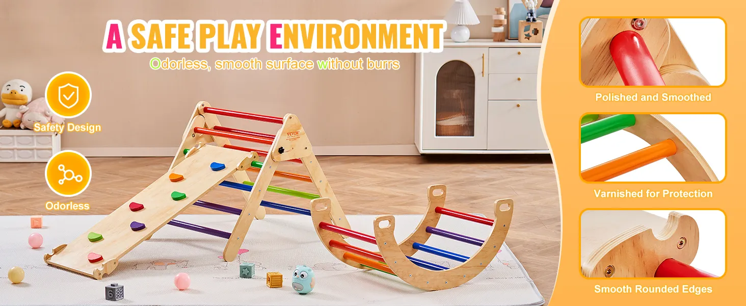 VEVOR pikler triangle set, with colorful rungs, smooth edges, and polished varnished wood for safe play.