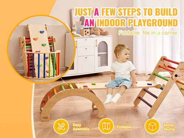 VEVOR pikler triangle set for indoor play, foldable, easy assembly, space-saving design in a cozy room.