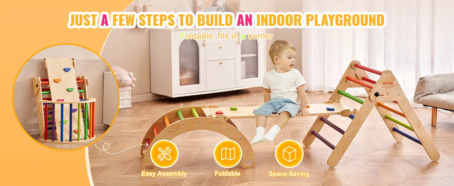 VEVOR pikler triangle set for indoor play, foldable, easy assembly, space-saving design in a cozy room.