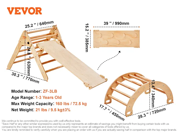 VEVOR pikler triangle with slide, ladder, and arch for toddlers aged 1-3, 160 lbs capacity.