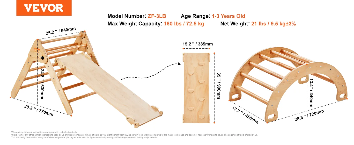 VEVOR pikler triangle with slide, ladder, and arch for toddlers aged 1-3, 160 lbs capacity.