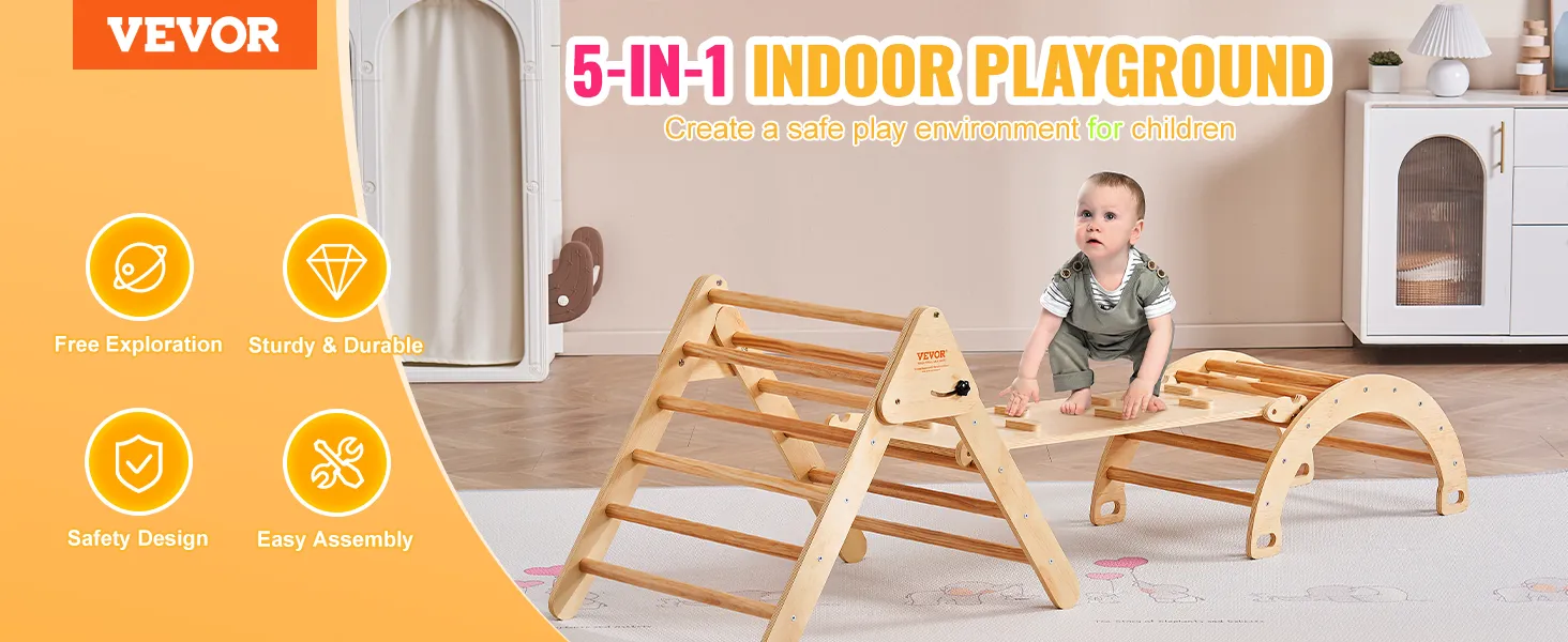 VEVOR pikler triangle 5-in-1 indoor playground with a toddler climbing, showcasing a safe play area.