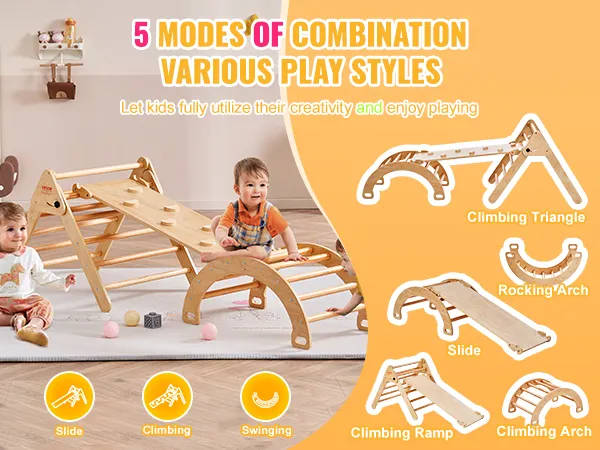 children playing with VEVOR pikler triangle in various combinations, including slide, arch, and ramp.