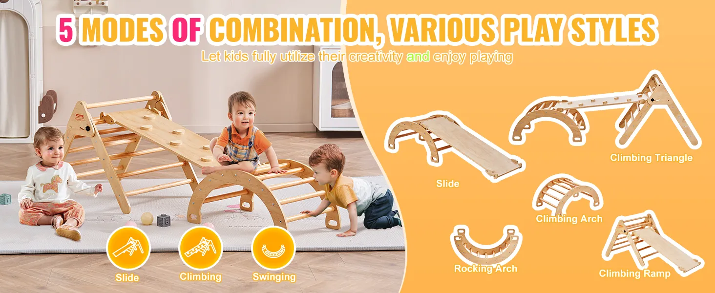 children playing with VEVOR pikler triangle in various combinations, including slide, arch, and ramp.