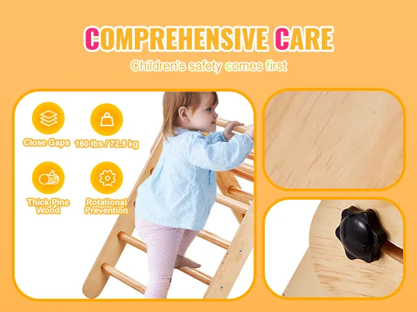 VEVOR pikler triangle made of thick pine wood, showcasing close gaps, rotational prevention, and 160 lbs capacity.