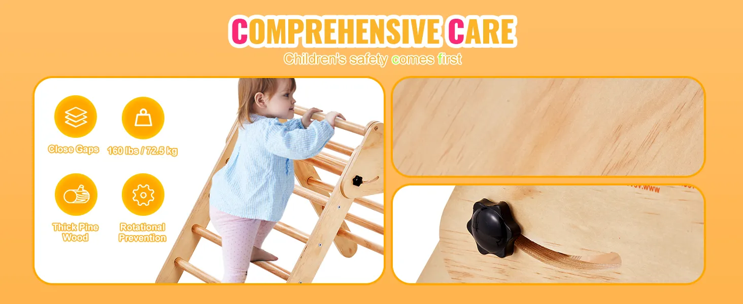 VEVOR pikler triangle made of thick pine wood, showcasing close gaps, rotational prevention, and 160 lbs capacity.