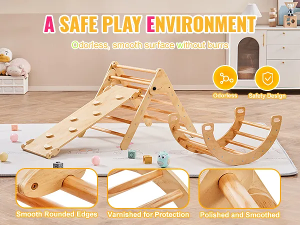 VEVOR pikler triangle with slide, rocking frame, and safety features in a child-friendly environment.