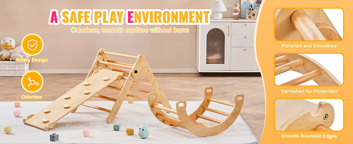 VEVOR pikler triangle with slide, rocking frame, and safety features in a child-friendly environment.