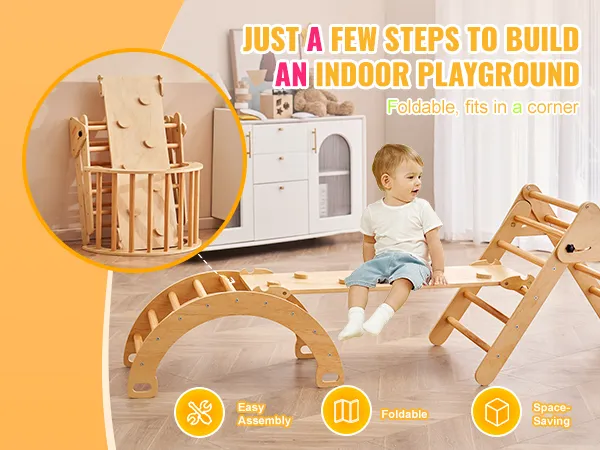 foldable VEVOR pikler triangle indoor playground, easy assembly, space-saving design.
