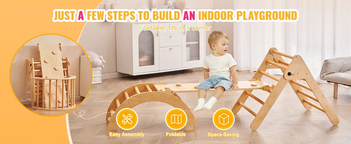 foldable VEVOR pikler triangle indoor playground, easy assembly, space-saving design.