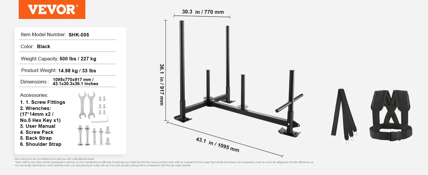 VEVOR weight training sled with straps, harness, screws, and wrenches included. max capacity: 500 lbs.