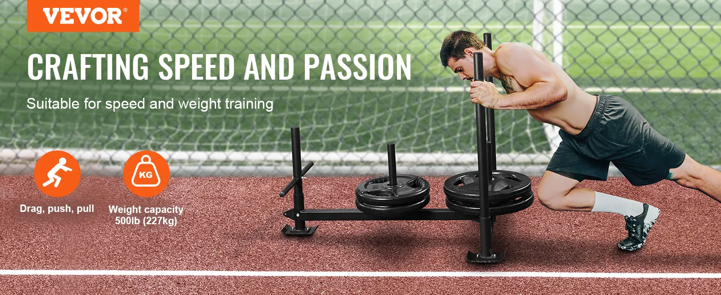 man pushing VEVOR weight training sled on track, suitable for speed and weight training, 500lb capacity.