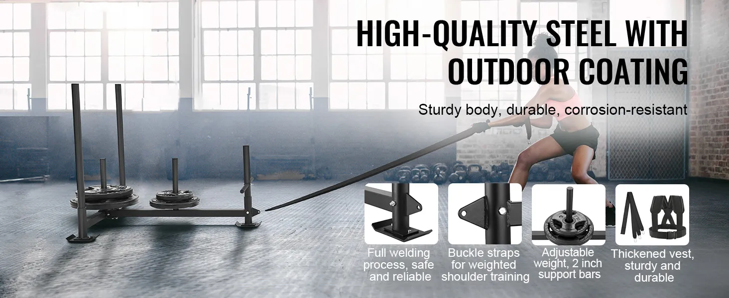 high-quality VEVOR weight training sled in a gym, highlighting its adjustable weight and sturdy design.