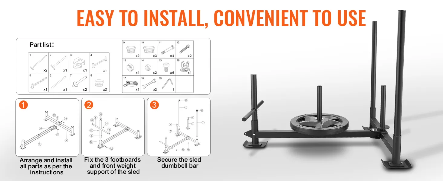 VEVOR weight training sled assembly guide and part list for easy installation and convenient use.
