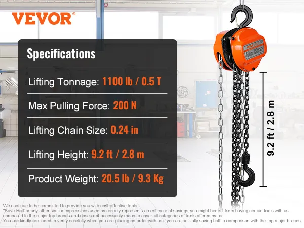 VEVOR hand chain hoist with 1100 lb capacity, 20.5 lb product weight, and 9.2 ft lifting height.
