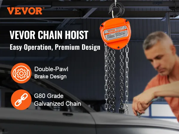 VEVOR hand chain hoist with easy operation, premium design, double-pawl brake, and g80 galvanized chain.