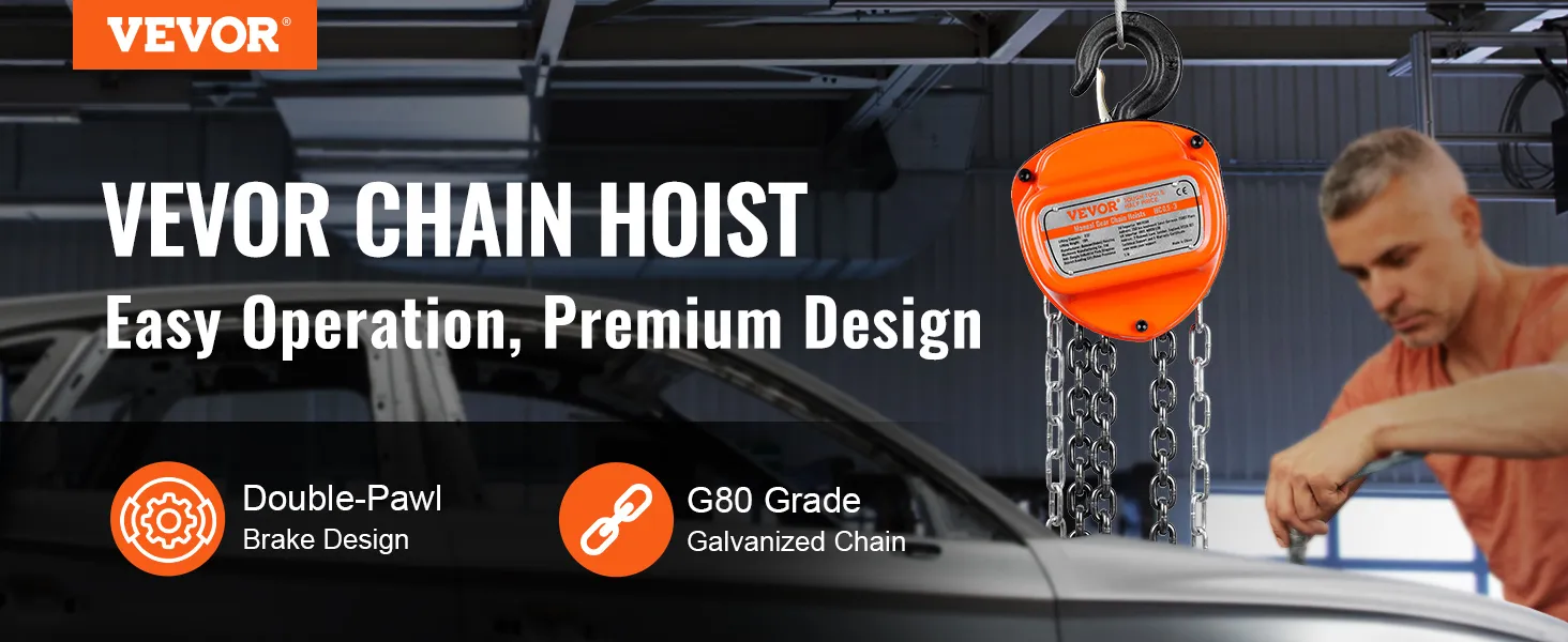 VEVOR hand chain hoist with easy operation, premium design, double-pawl brake, and g80 galvanized chain.