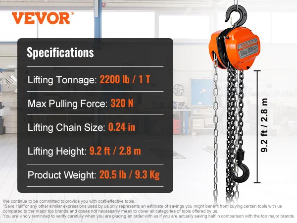 VEVOR hand chain hoist with specs: 2200 lb lifting, 320 n pulling, 20.5 lb weight, 0.24 in chain.
