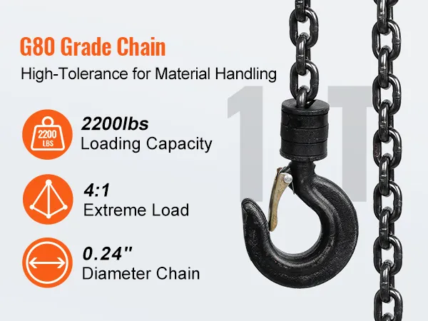 g80 grade chain with VEVOR hand chain hoist specifications: 2200lbs load capacity, 4:1 extreme load, 0.24" diameter chain.