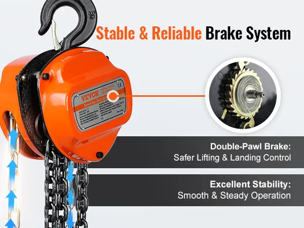 VEVOR hand chain hoist with a stable and reliable double-pawl brake system for safer lifting and landing.