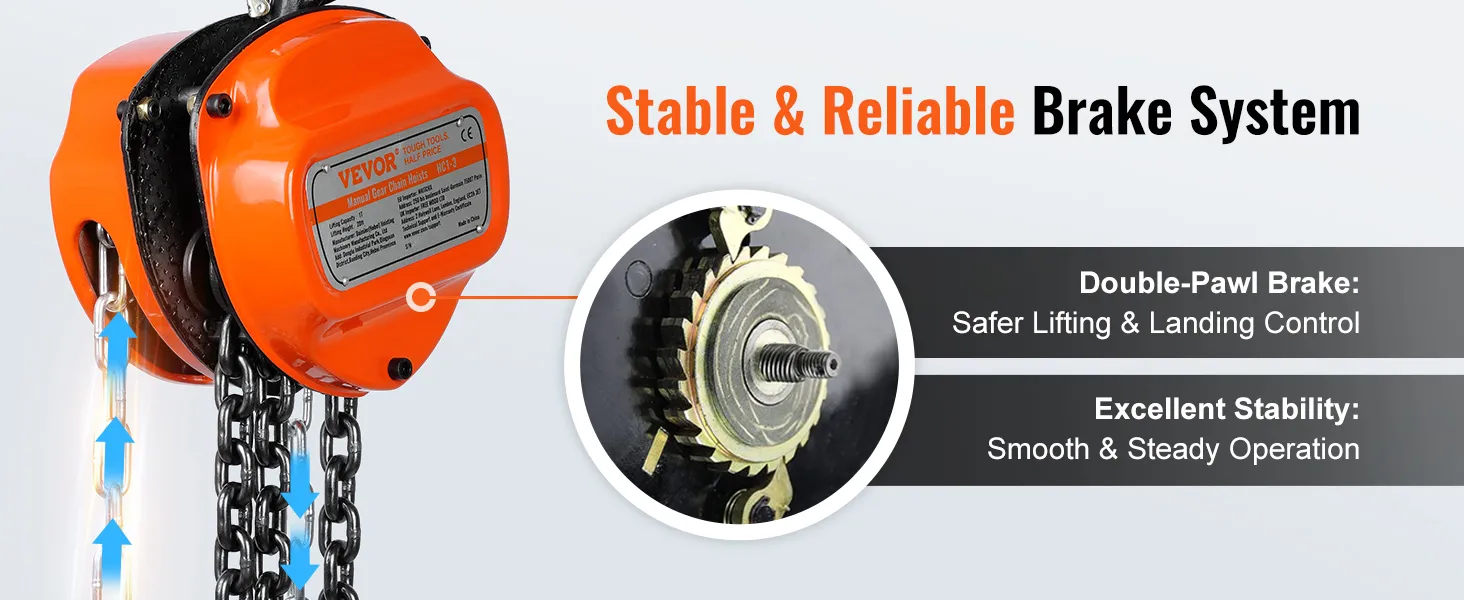 VEVOR hand chain hoist with a stable and reliable double-pawl brake system for safer lifting and landing.
