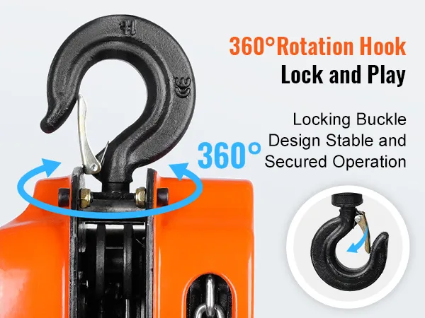 VEVOR hand chain hoist with 360° rotation hook and locking buckle design for stable operation.