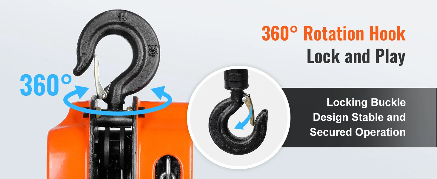 VEVOR hand chain hoist with 360° rotation hook and locking buckle design for stable operation.
