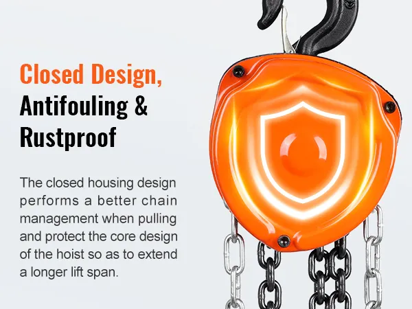 VEVOR hand chain hoist with closed design, antifouling, and rustproof features for better chain management.