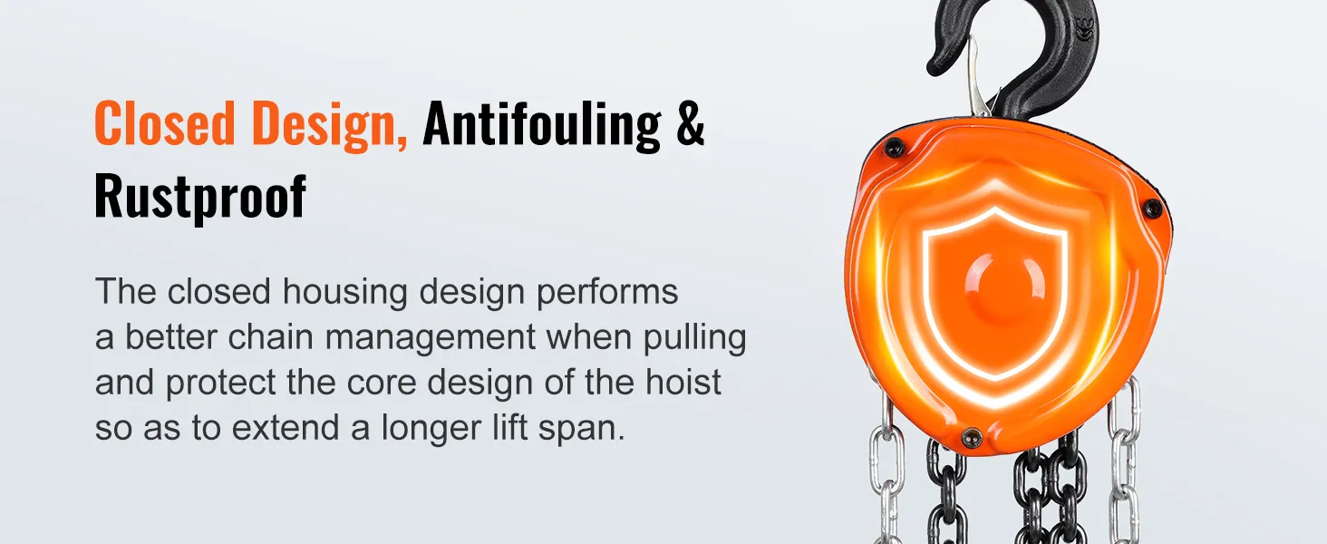 VEVOR hand chain hoist with closed design, antifouling, and rustproof features for better chain management.