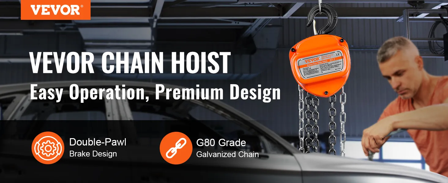 VEVOR hand chain hoist with double-pawl brake and g80 grade galvanized chain for easy operation.