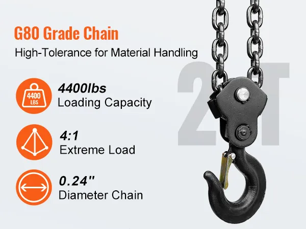 g80 grade chain with 4400 lbs loading capacity, 4:1 extreme load, and 0.24" diameter for VEVOR hand chain hoist.