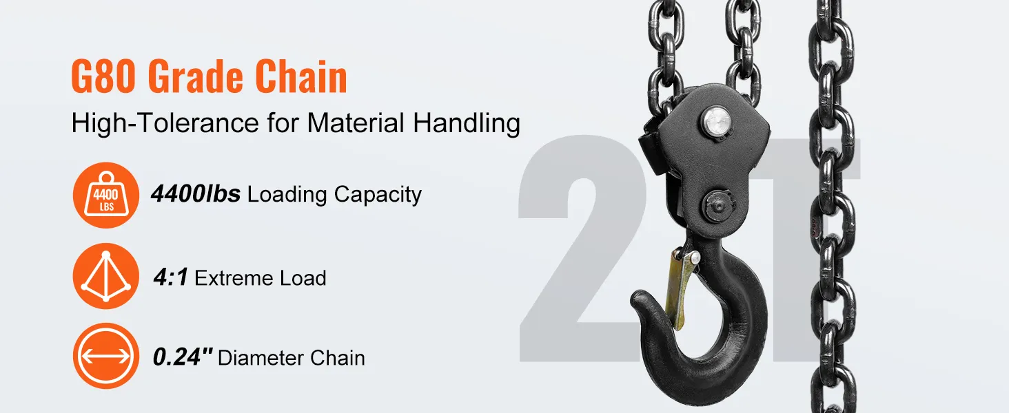 g80 grade chain with 4400 lbs loading capacity, 4:1 extreme load, and 0.24" diameter for VEVOR hand chain hoist.